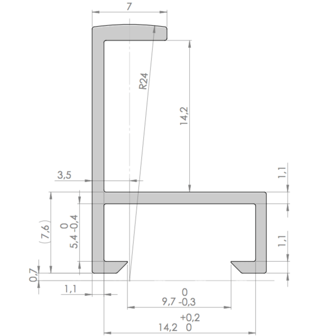 Eine Skizze des FCO 221 Aluminium-Bilderrahmenprofil silber matt mit Abmessungen